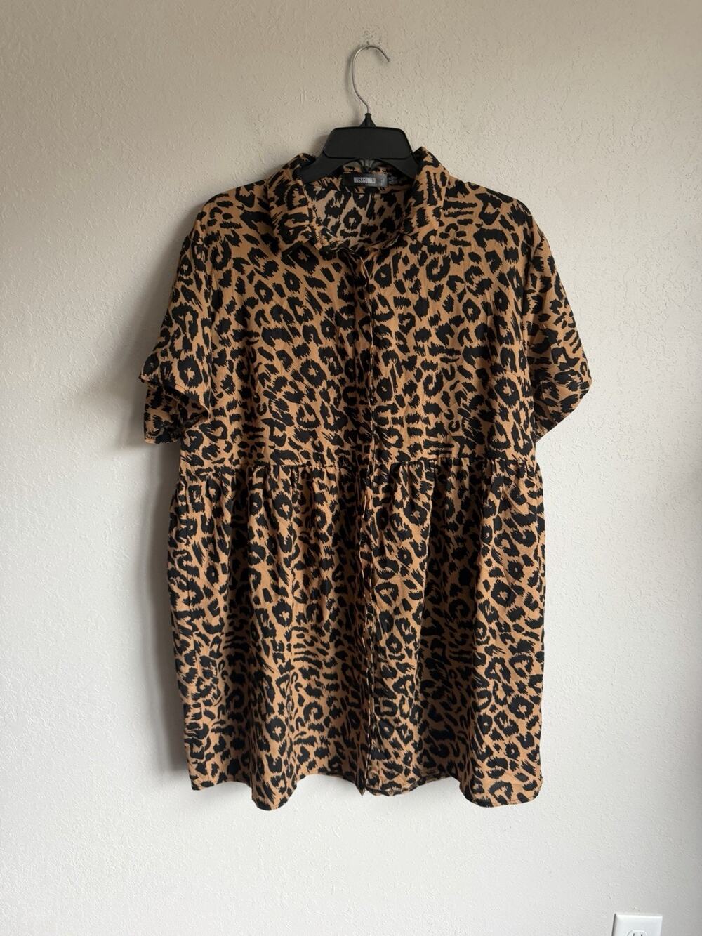 Missguided Black Brown Leopard Print Button Down Mini A-Line Dress Womens 10